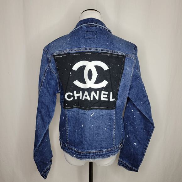 Designer-Ish Black Patch Denim Jean Jacket Paint Splatter Upcycled NEW Large - Picture 1 of 8